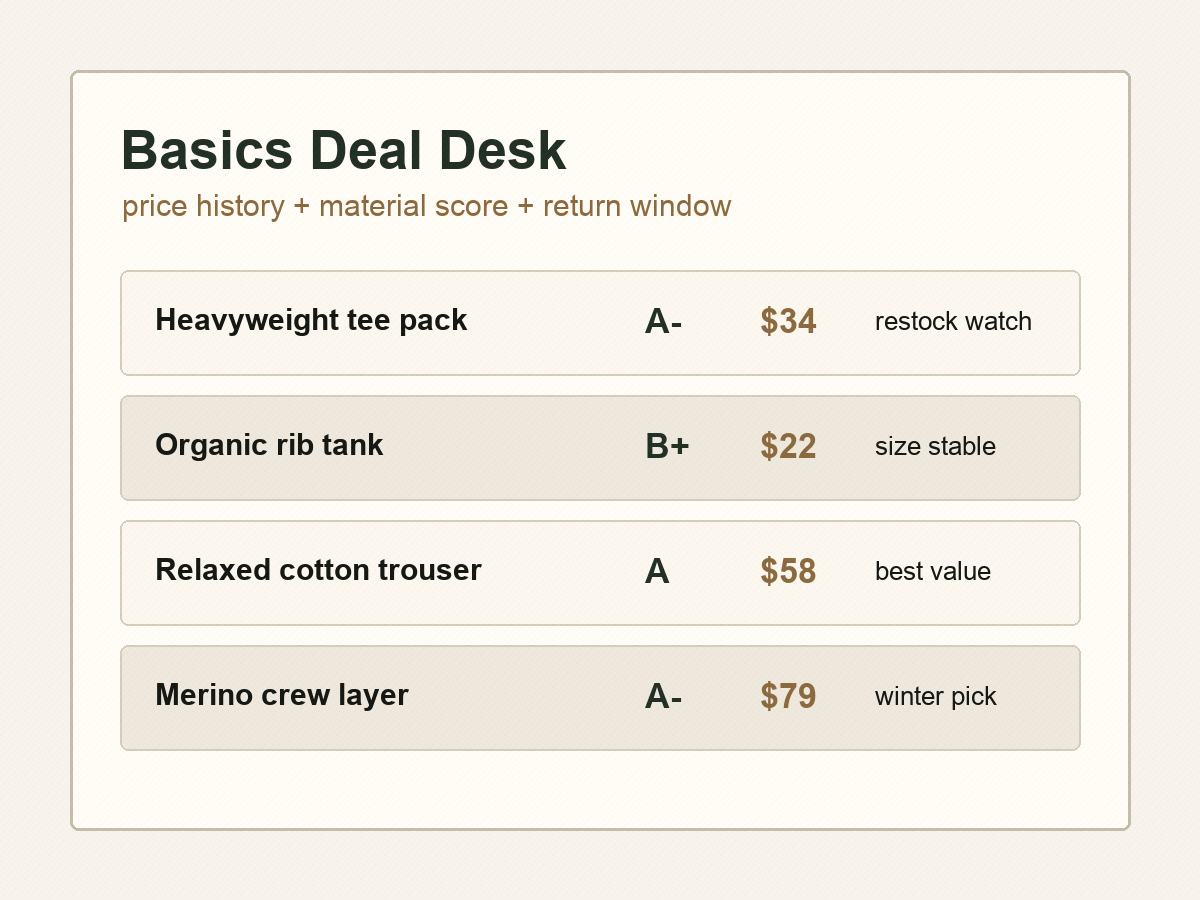 Editorial deal board with basics cards and fabric notes