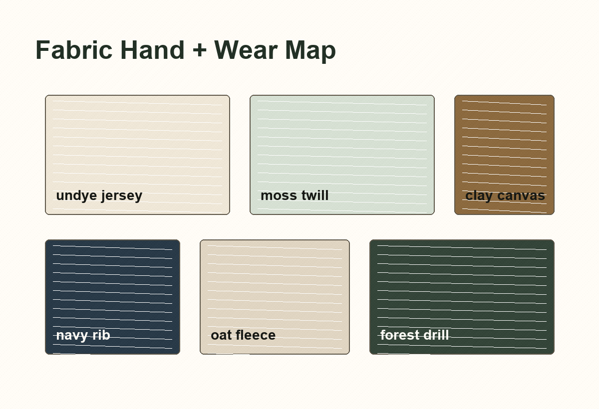 Neutral, moss, clay, and navy fabric swatches