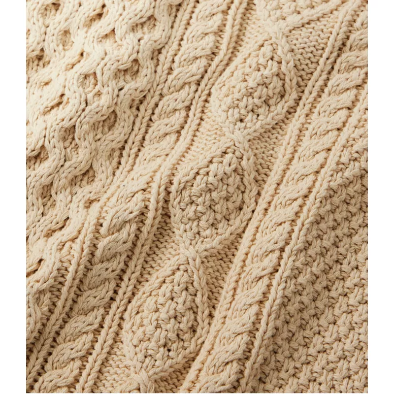 Close-up cable knit texture on L.L.Bean cotton fisherman sweater