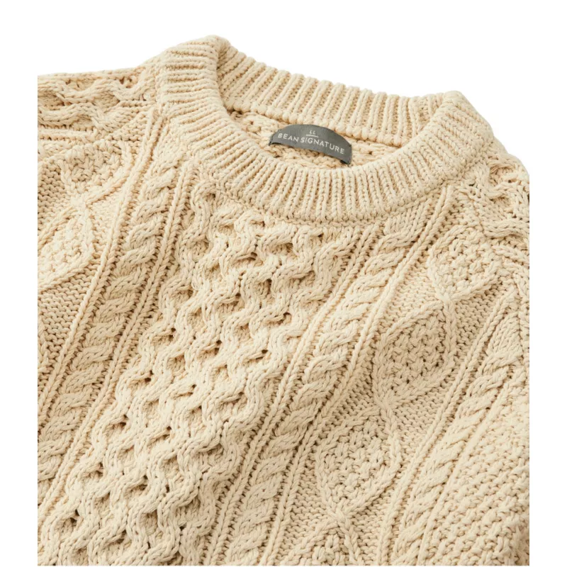 Cable knit and neckline detail on L.L.Bean cotton fisherman sweater