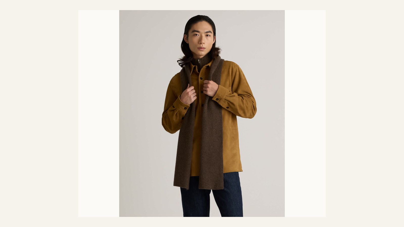 Quince Mongolian Cashmere Ribbed Scarf in brown worn as a winter layer